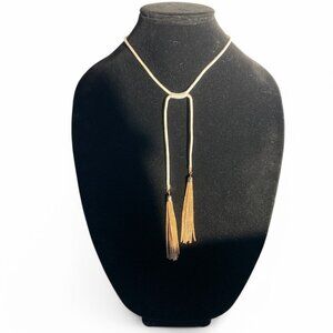 White Rope Gold-Tone Lariat Necklace Gold Tassel Chain Ends & Adjustable Closure